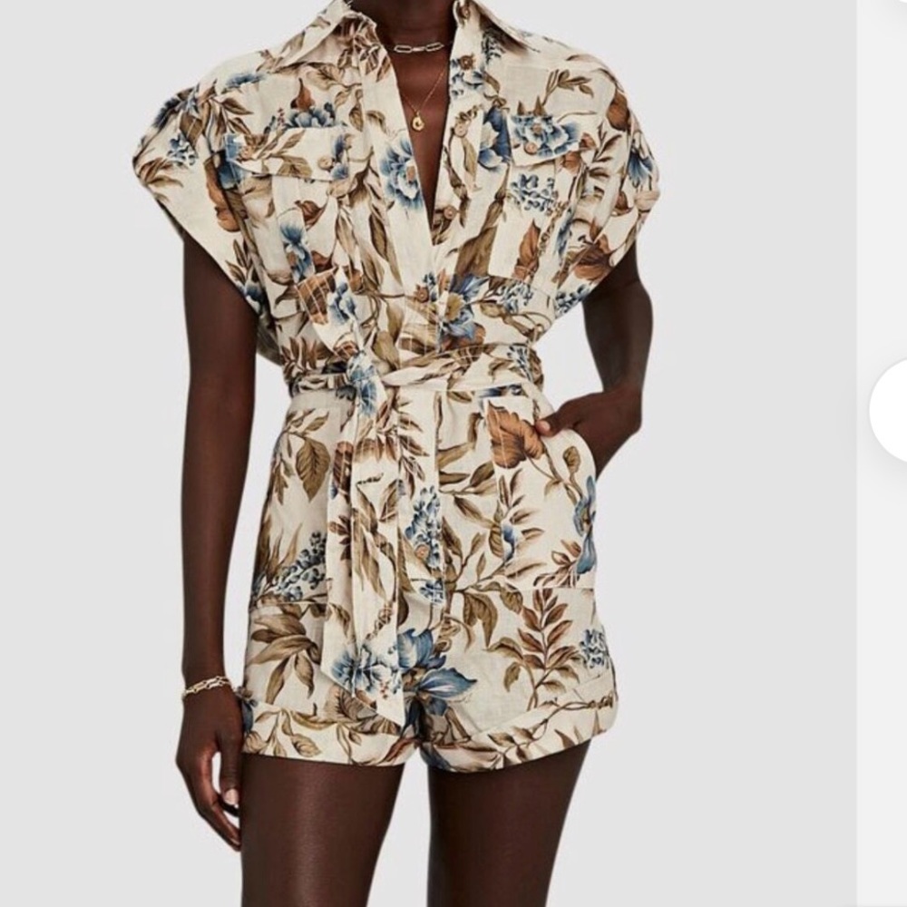 ZIMMERMANN Aliane Floral Linen Cargo Playsuit Romper size 1